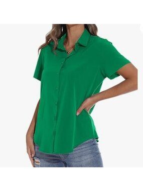 Guanyy Short Sleeve Button Up Shirt Womens Small Green New WOT